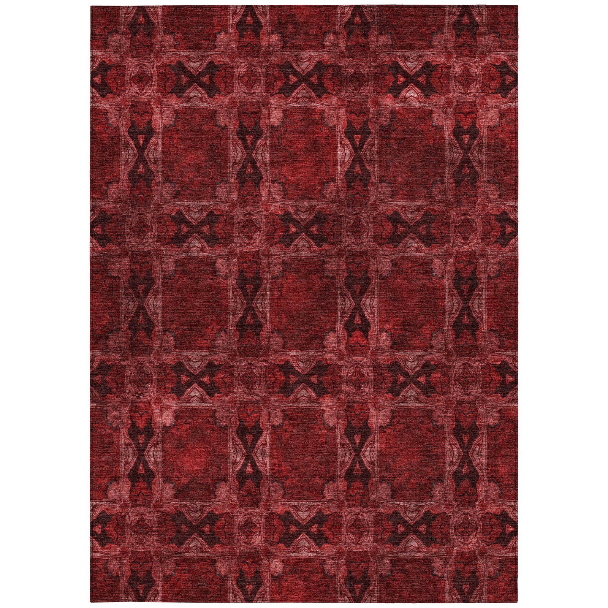 8' X 10' Burgundy and Black Floral Medallion Washable Non Skid Indoor Outdoor Area Rug