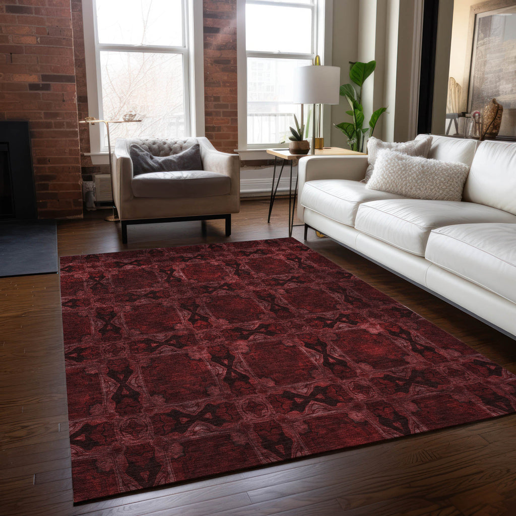 8' X 10' Burgundy and Black Floral Medallion Washable Non Skid Indoor Outdoor Area Rug