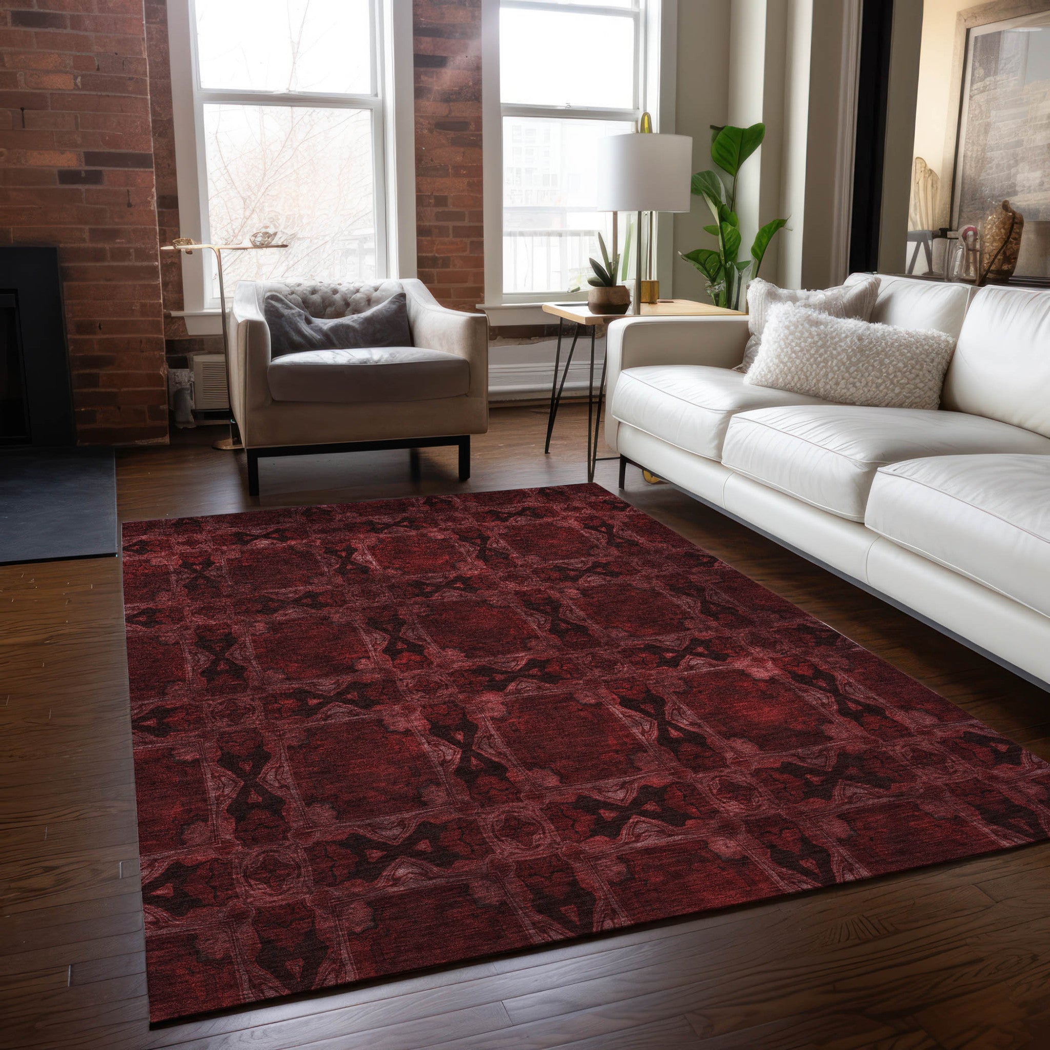 8' X 10' Burgundy and Black Floral Medallion Washable Non Skid Indoor Outdoor Area Rug